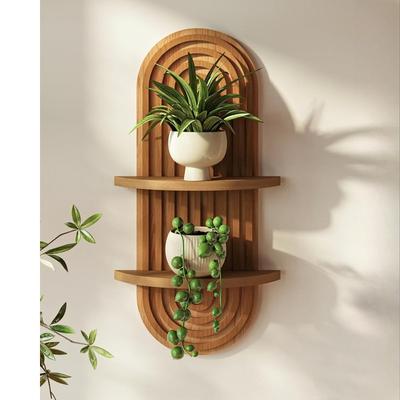 Wall Decor Brown Plant Wall Shelf, Modern Hanging Plant Shelf, 2-Tier Wooden Floating Shelves for Home, Living Room, Office Holding Planter Decoration