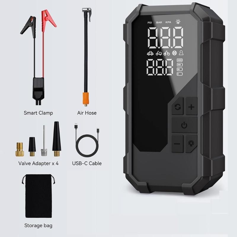 Portable Car Jump Starter with Air Compressor & LED LightJump Starter Power for 12V Vehicles Emergency Tire Inflation