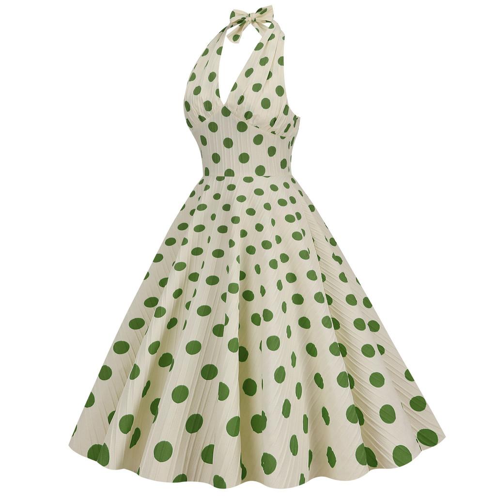 Abito Vintage a Pois Vita Alta con Schiena Scoperta per Eleganti Eventi Estivi