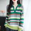 Women's Rainbow Striped Polo Collar Wool Sweater - Stylish, Slimming, Autumn/Winter Loose Fit