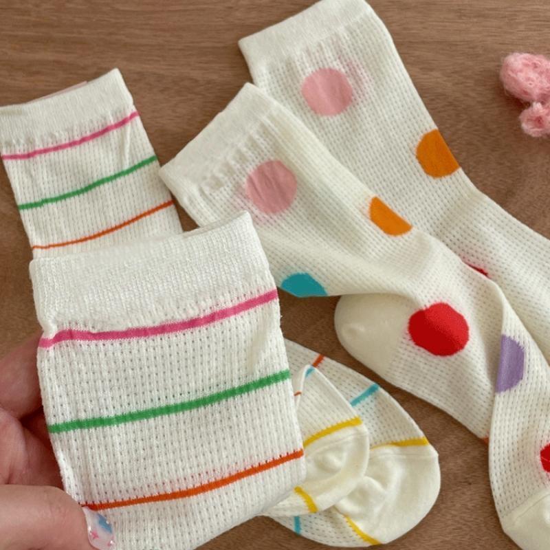 Girls Colorful Polka Dot Striped Socks Kids Mid Calf Socks Ins Trendy Pure Cotton Summer Thin Mesh Breathable Long Spring Summer