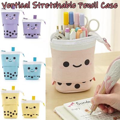 Cute Milk Tea Retractable Pencil Case Standing Pen Box Girls Cosmetic Storage Bag Stationery School Supplies Large Capacity