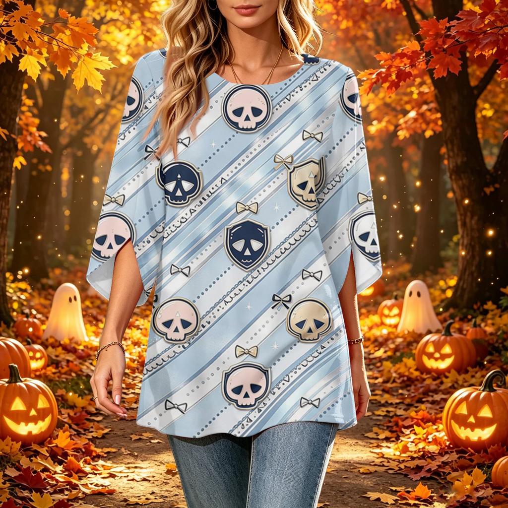 Women's Halloween Print Casual Top, Round Neck, Three-Quarter Sleeve, Loose Fit