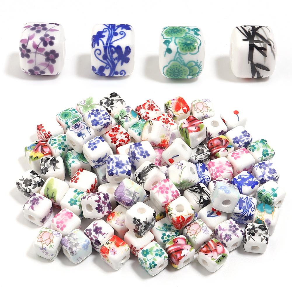 20pcs 8mm Flower Patterns Square Ceramic Beads Big Hole Porcelain Loose Beads For Jewelry Making DIY Bracelets Necklace Findings