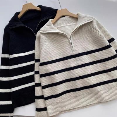 Retro Lapel Half Zipper Contrasting Striped Sweater Women Autumn Lazy Style Pullover Inner Knitted Base Shirt