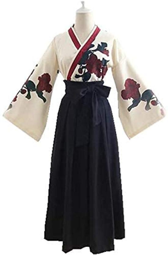 Taisho Roman Hakama Japanese Clothes Kimono Cosplay Costume Long Disguise Yukata Rose Rose Pattern [Lady Lazy] Women's Women's (Black, L)