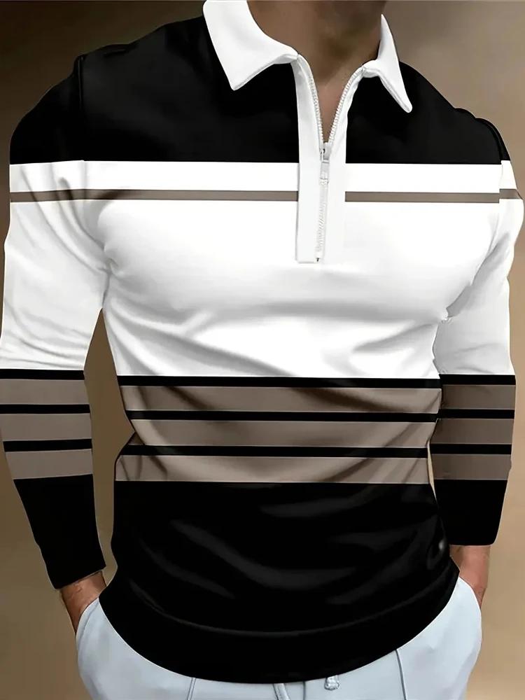 Spring Men's Zipper Long Sleeved Polo Shirt, Comfortable Polyester Fiber Casual Contrasting Color Outfit Suitable for Daily Outings and Entertainment