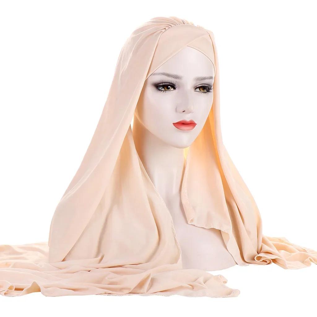 Sofort-Hijab Jersey-Hijabs Für Frauen Kreuz Stirn Pailletten-Turban Muslimische Frauen Hijab-Schal Türkischer Baumwoll-Hijab Für Frauen