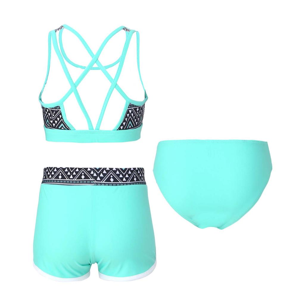 Girls Swimwear Set U Neck Cross Straps Open Back Crop Tops Shorts Briefs Beach Pool Rashguard