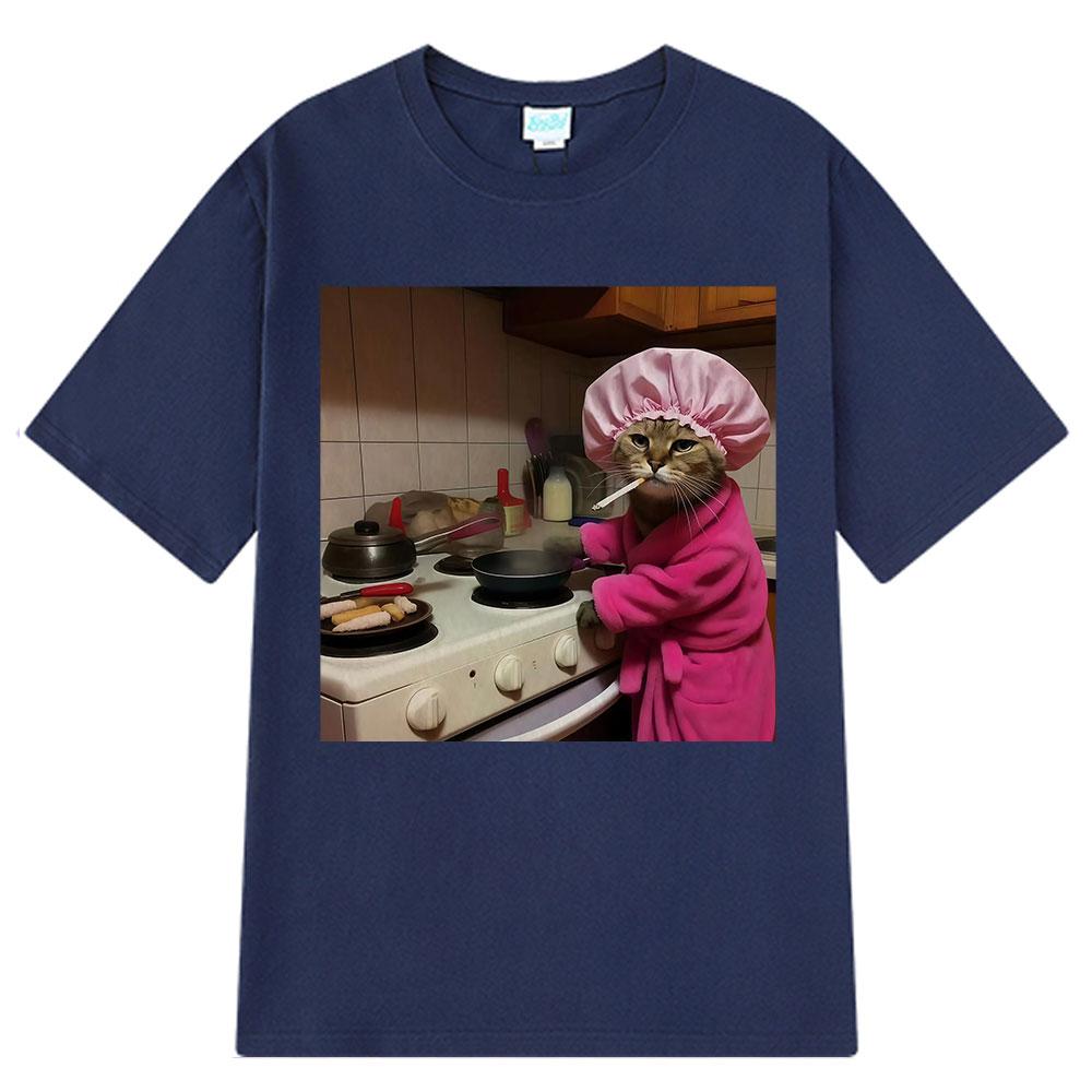 Fun Housewife Cat Meme Tshirt Retro Top for Men and Women Fashionable Harajuku Summer Print 100 Pure Cotton Tshirt