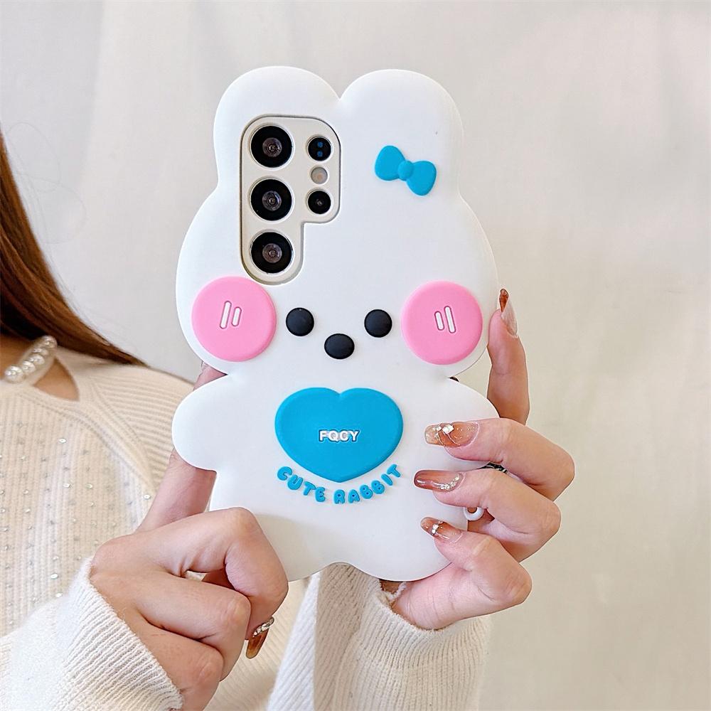Sweet Kawaii 3D Pink White Bow Bunny Phone Case for SamSung Galaxy S26 Ultra S25 S23 A57 A56 Silicone Cute Rabbit Protect Cover