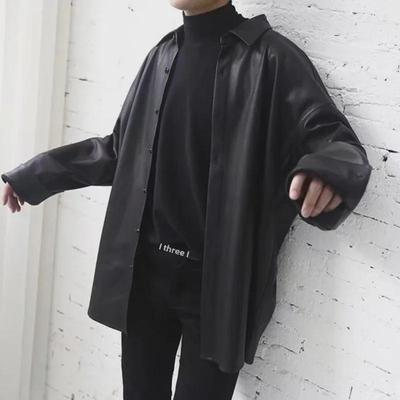 Men's Oversized PU Leather Long-Sleeve Shirt: American-Style Solid Color, Autumn Versatile, Trendy for Students and Couples