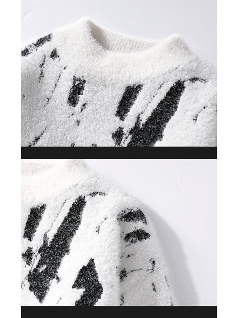 Men's Graffiti Print Semi-High Neck Thick Sweater Knitwear
