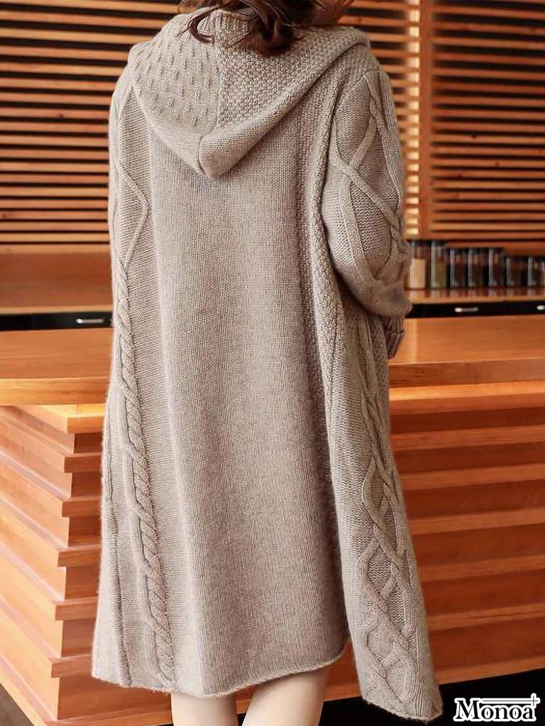 Monoa Hooded Long Size F Women's Cardigan, Sleeve, Low-Gauge Knit, Buttonless, Beige, n1587,