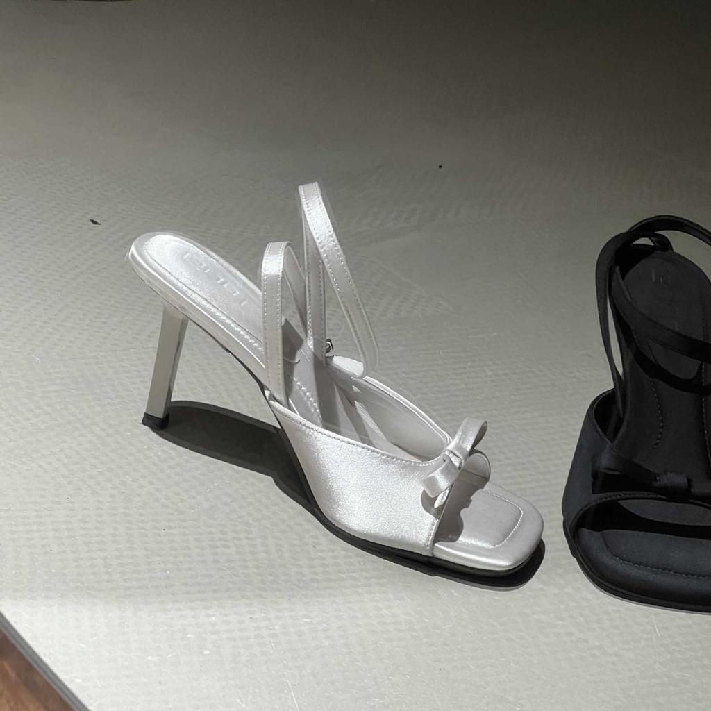 ankle strap silver satin bow high heel cool slippers thin heel open-toed women's sandals temperament