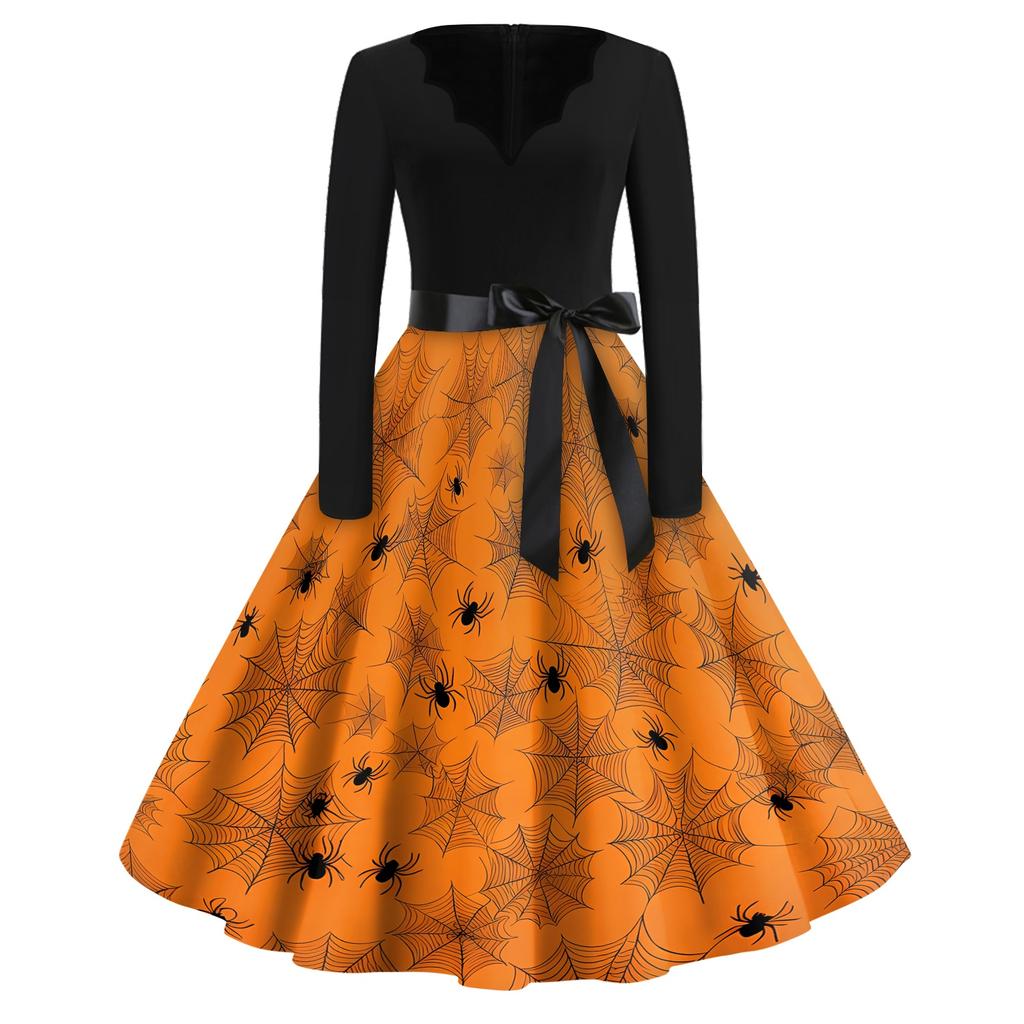 Women Casual Vintage V Neck Dress Halloween Printed Long Sleeve Retro Swing Dress with Waist Tie Belt for Daily Wear