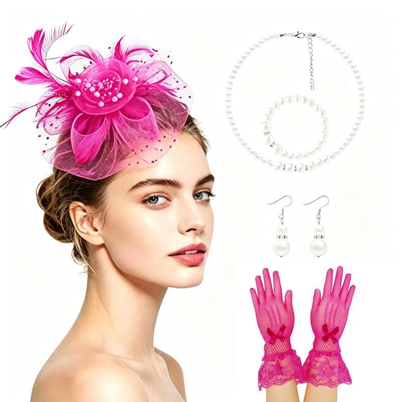Vintage Bridal Hair Accessories Set Kentucky Derby Feather Headband Gloves Necklace Floral Bow Mesh Wedding