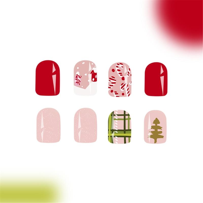 Short Square False Nails with Christmas Tree Christmas Press On Nails Stripes Full Cover Stick On Nails for Women Girls