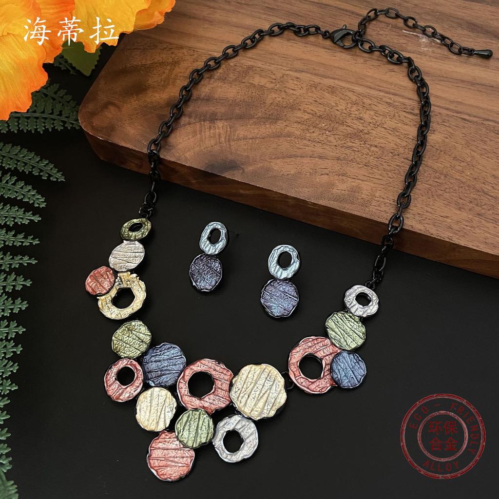 New color painting oil geometric hollow round necklace earrings set fashionable women's round jewelry set