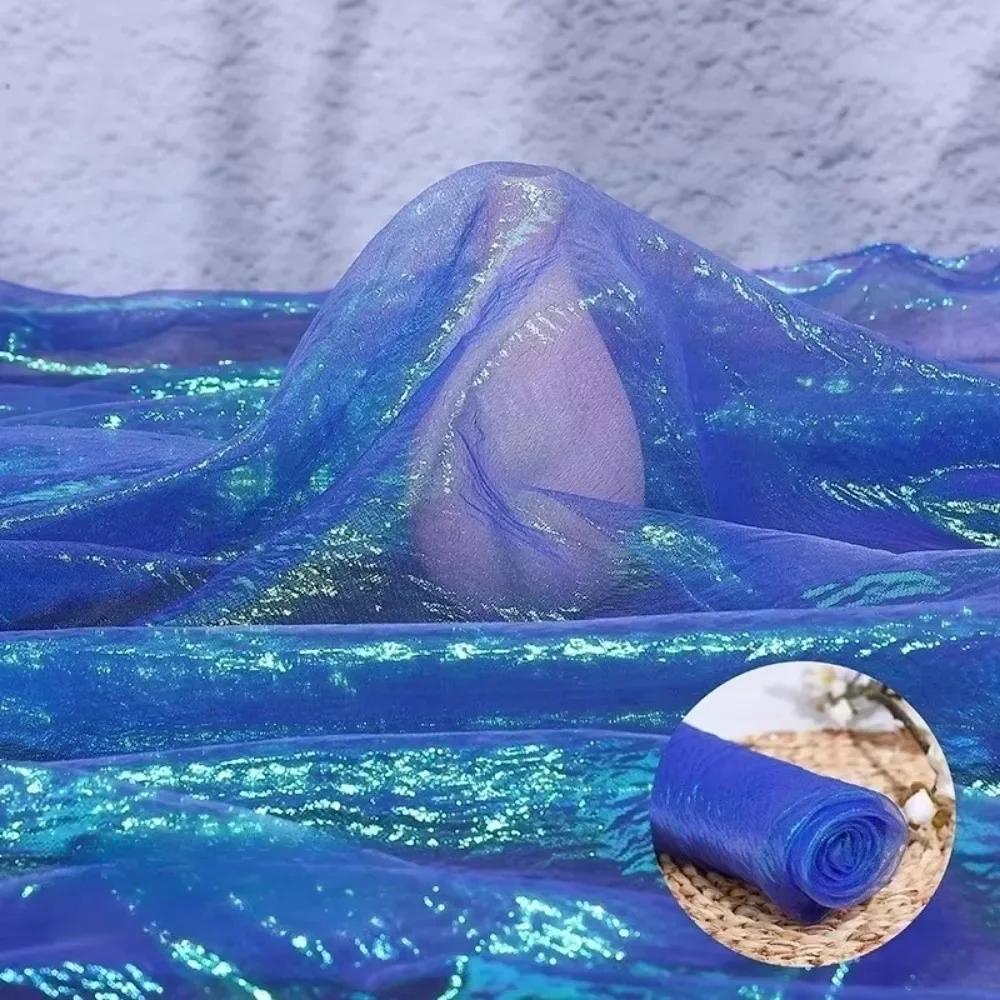 100x140cm Rainbow Laser Yarn Fabric Wrinkled High-Density Organza Fabric Texture Designer Illusion Color Iridescent Organza