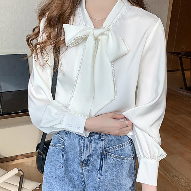 Spring 2025 New Women Blouses Shirts Long Sleeve Bow Collar White Chiffon Blouse Shirt Women Tops J766