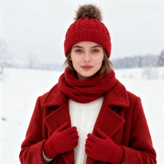 3Pcs/Set Women Winter Hat Scarf Gloves Set Plush Ball Decor Twist Texture Knitting Hat Long Scarf Warm Gloves Set