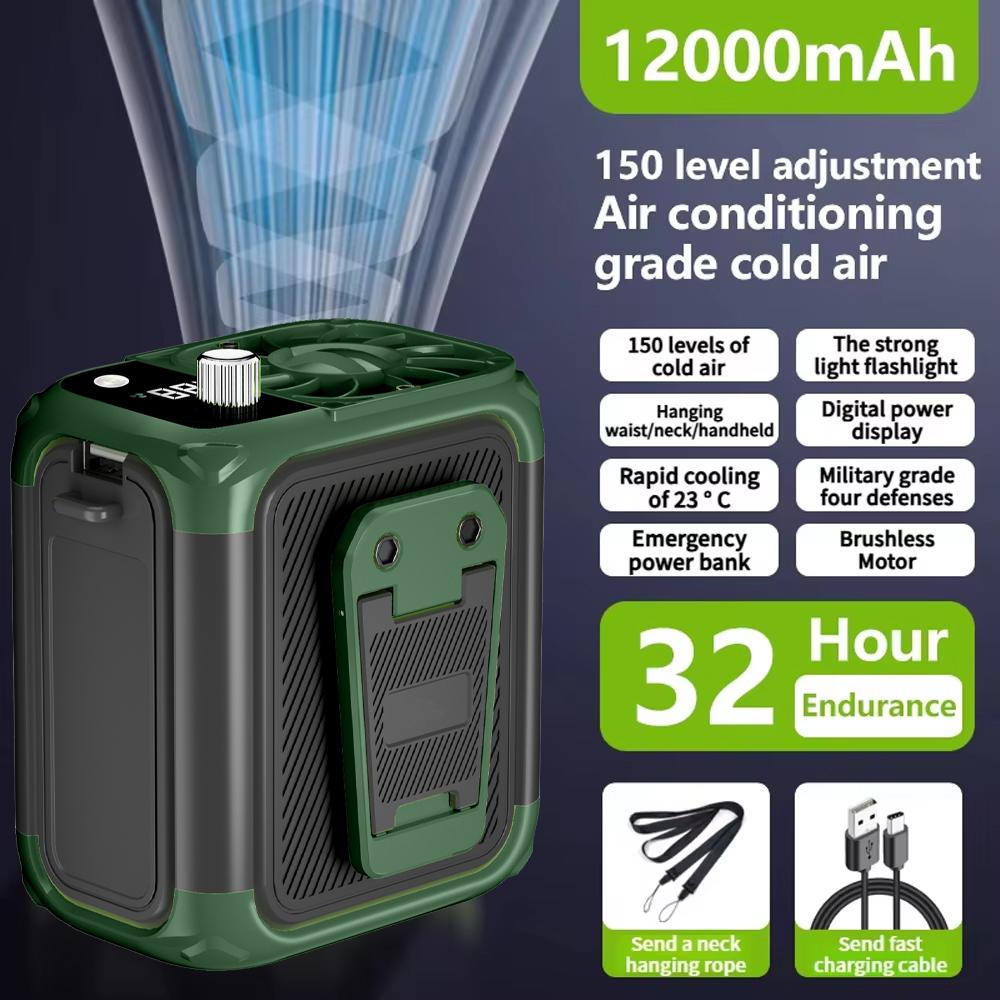 Mini high-speed waist fan, bladeless USB hanging neck fan, outdoor multifunctional mobile power lighting digital display fan зелёный