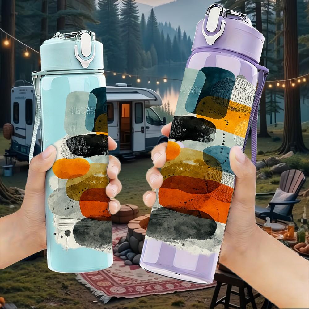 1PC Abstract Geometric Shape Modern Print 750ml Color Plastic Sports Water Bottle Leakproof Flip Straw Lid Suitable for Sports Office Home Use