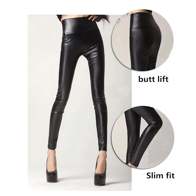 [Getrays] High Waist Leggings for Women, Sexy Wet Look Black Faux Leather Leggings, Stretchy Butt Push Up Pants, Shiny Slim Fit Pants for Dancewear