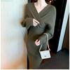 Women's V-neck High Waist Sweater Slim Long Sleeve Mid-length Knitted Dress