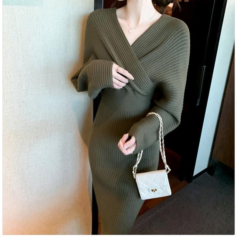 Women's V-neck High Waist Sweater Slim Long Sleeve Mid-length Knitted Dress