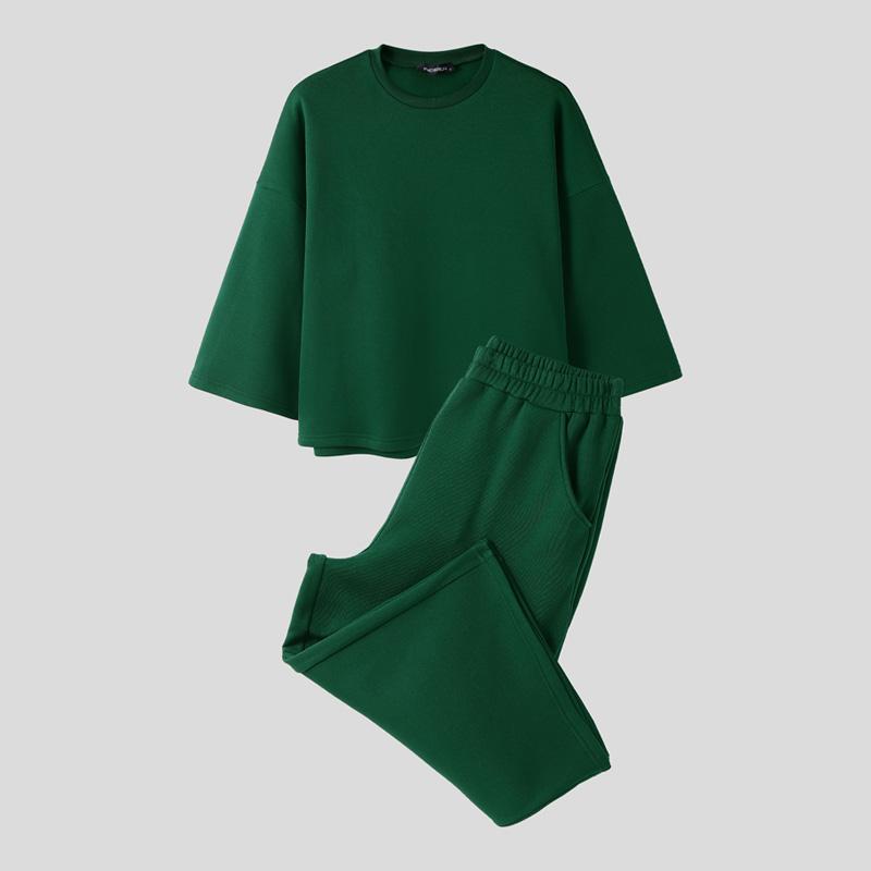 INCERUN Two Piece Suit Men Dropped Shoulder 3/4 Sleeve Pullovers Pants Sweatpants Outfits Sets