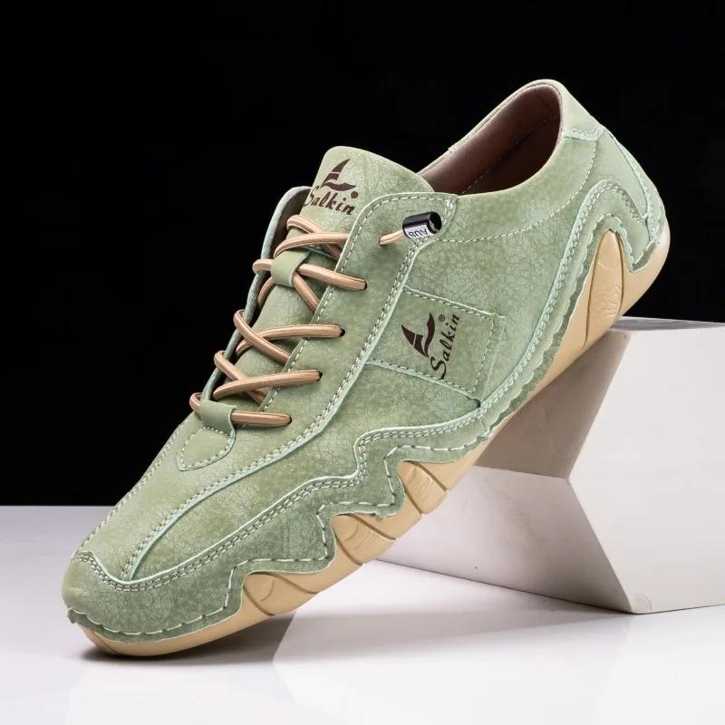 Fashion Fashion Handmade Men Leather Casual Shoes Luxury Cowhide Soft Leather Loafers 2025New Men Sneakers Outdoor Non Slip Hiking Shoes