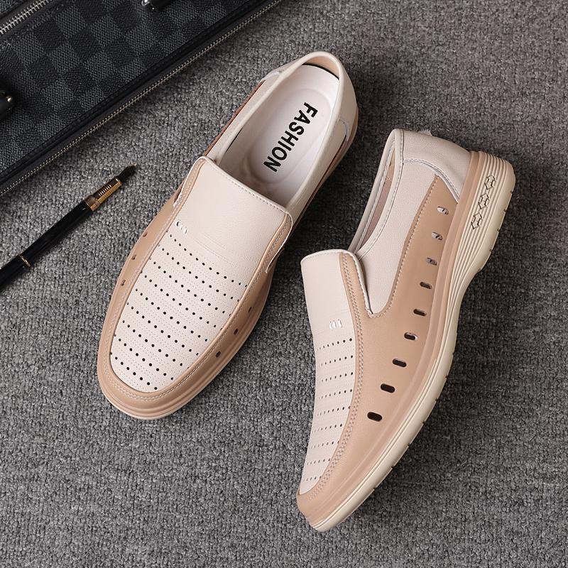 Luxury Brand Men's Leather Height Increasing British Shoes Summer Hollow Out Breathable Casual Shoes Men's Park Walking Shoes