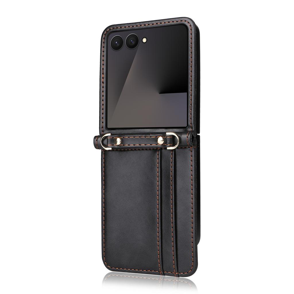 For Samsung Galaxy Z Flip7 5 Case Card Slots Leather Phone Cover with Lanyard