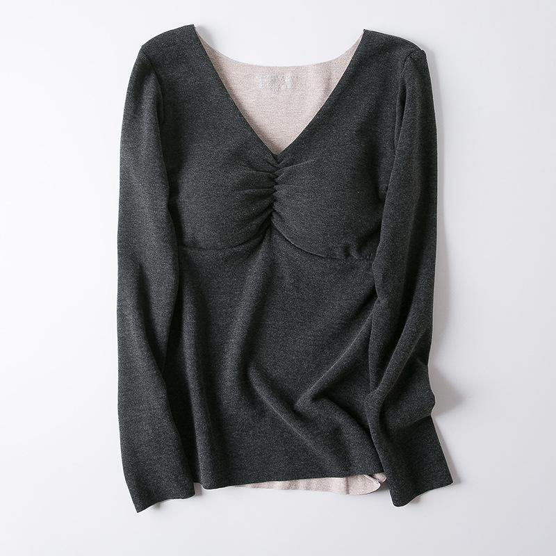 

Women s Velvet V-Neck Silk Base Layer Top - Slim-fit, Bra-free, Warm for Autumn/Winter L-XL (55-70 kg) черный серый