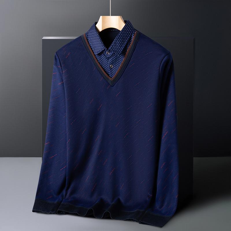 Autumn Winter New Style Men Fake Two Piece Sweater Long Sleeve Middle Aged Fleece Lined Thickened Base Layer Shirt
