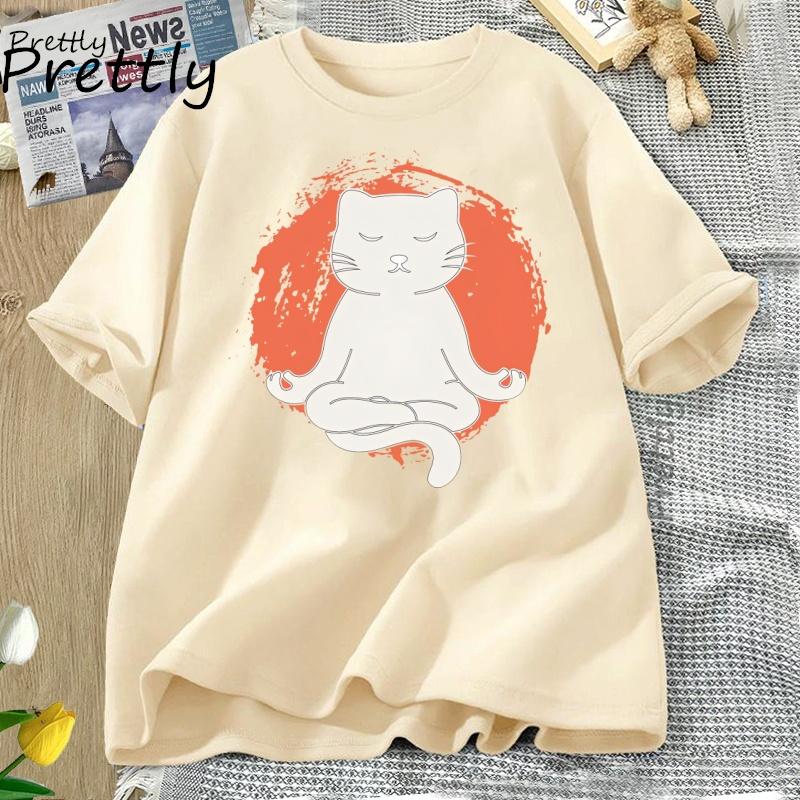 Yoga T Shirt Funny Cat Yoga TShirt Women Cotton Round Neck Short Sleeve Tshirt Casual Loose Graphic T Shirts Women Clothing
