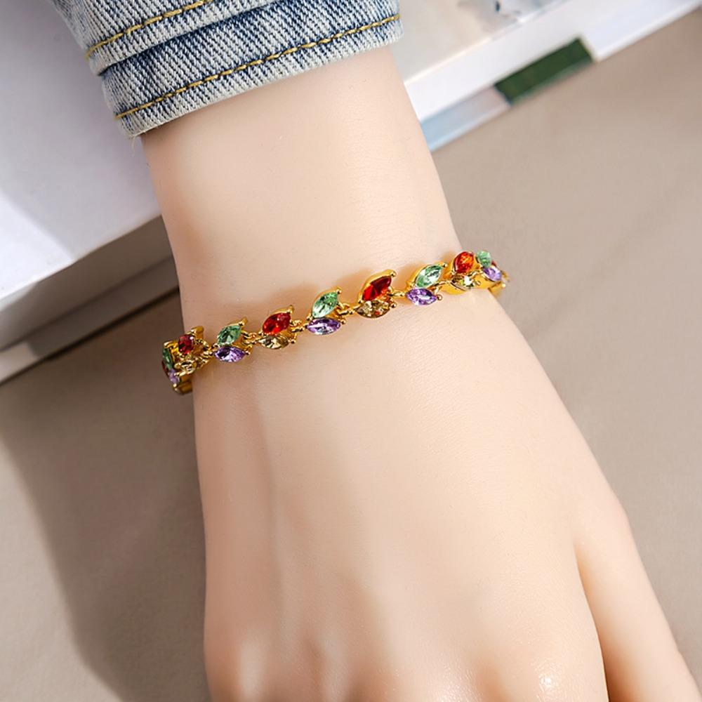 Luxury Exquisite Colorful Rainbow Crystal Willow Leaf Bracelets for Women Summer Dopamine Fashion Sweet Jewelry Accessories Gift