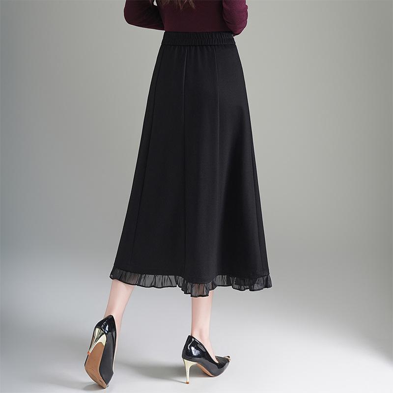 2026 Spring Elegant High Waist A-Line Midi Skirt with Wood Ear Lace Patchwork