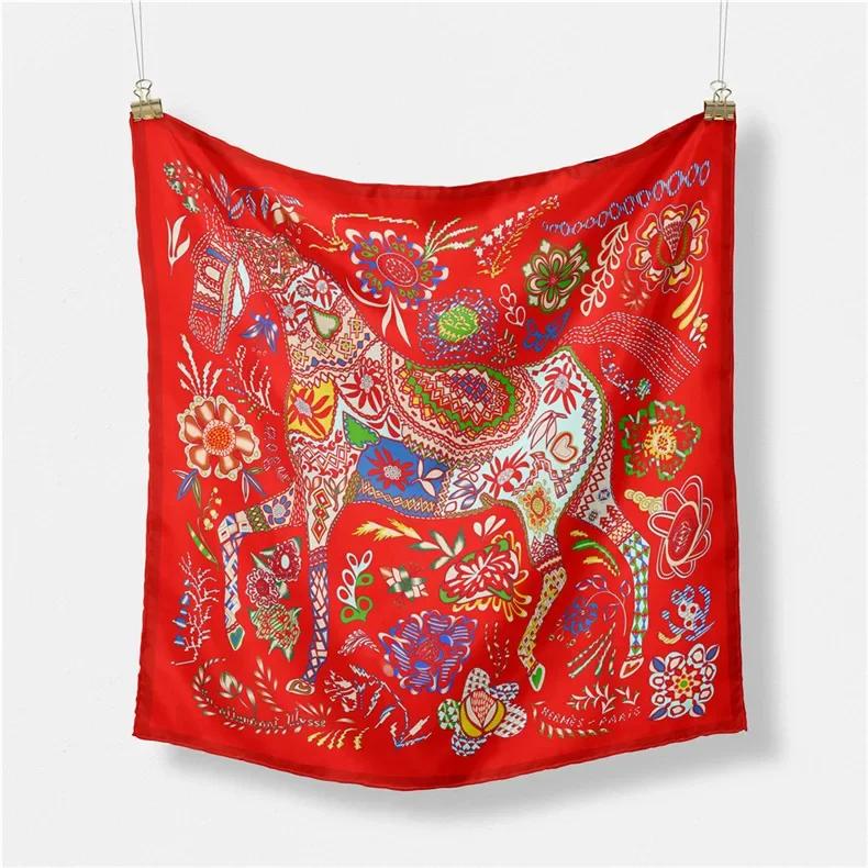Luxury Horse Print Silk Square Scarf Women Spring Neck Tie Shawl Wraps Female Hair Hand Wrist Headkercheif Hijab Bandana