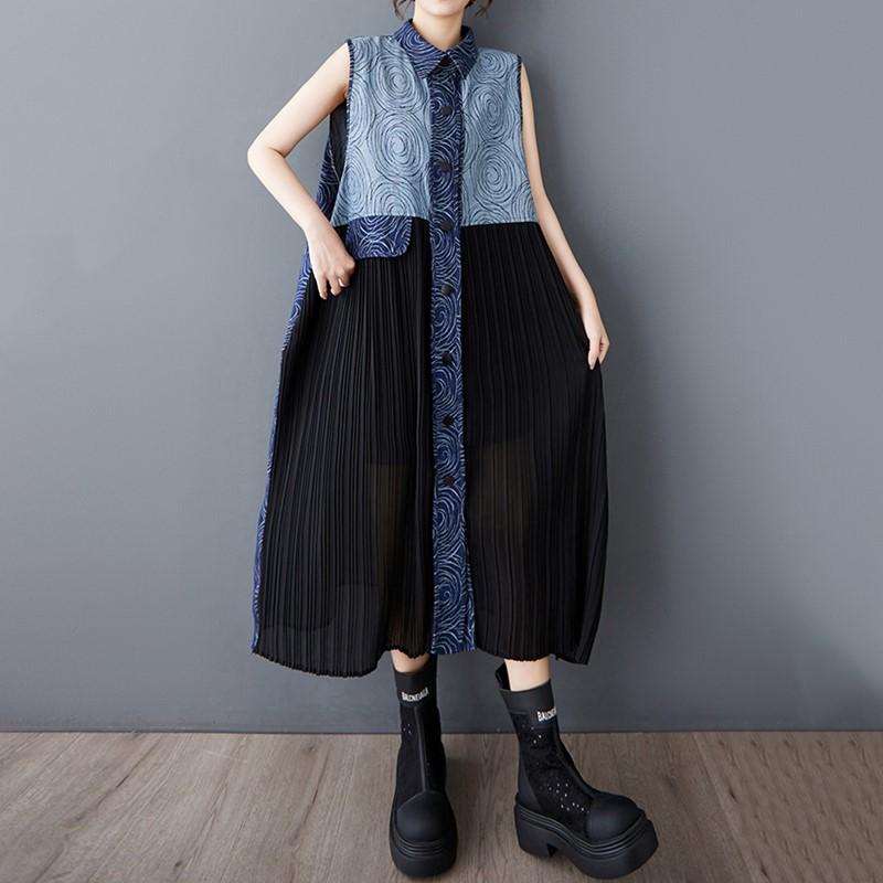 Rochii de vară lungi și lejere din denim, fără mâneci, stil vintage, model patchwork, pentru femei