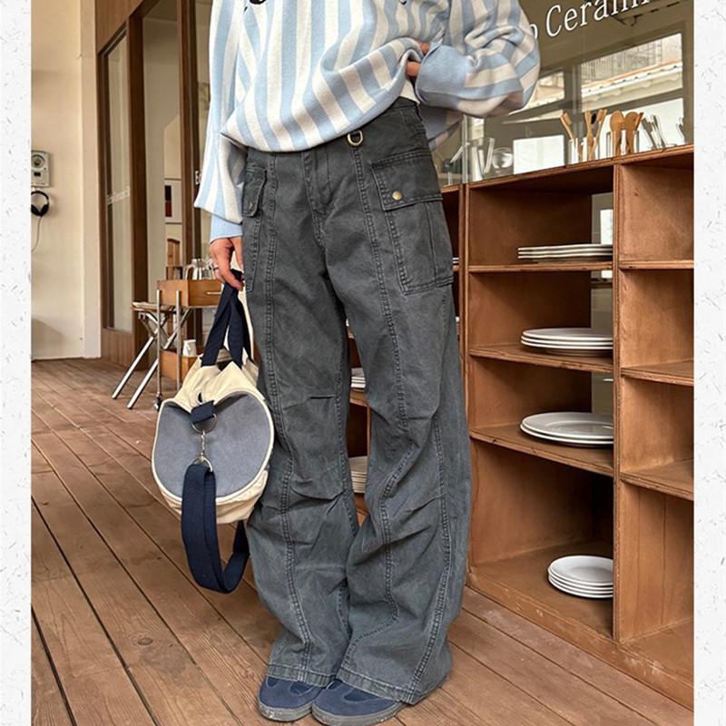 

Unisex Retro Distressed Straight-Leg Multi-Pocket Work Pants S темно-сірий