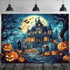 2D plane Halloween castle background cloth - Large Gothic haunted house scene with pumpkin lanterns.PMJ