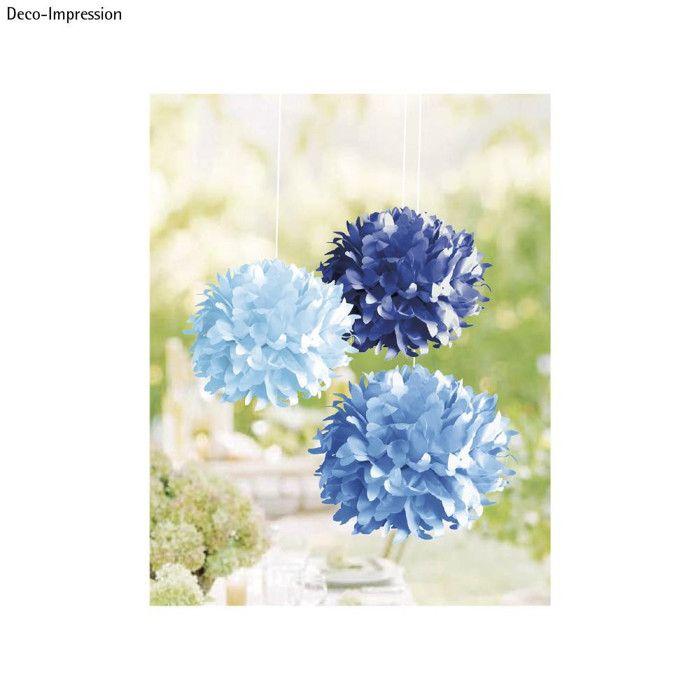 Pompons en papier , 35cm couleurs assorties, 3pces, tons bleus