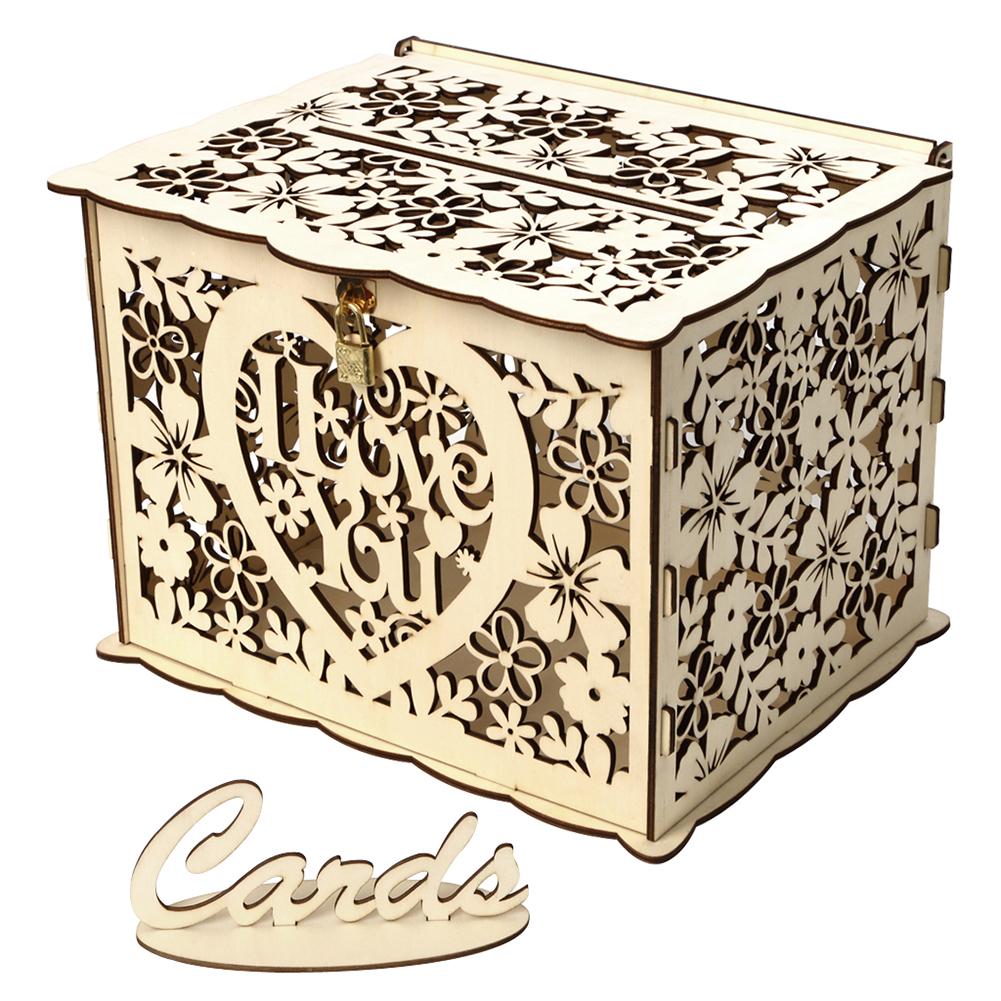 Wedding Card Box DIY Wedding Gift Wooden Money Storages with Lock Decoration Supplies for Birthday Party Guest