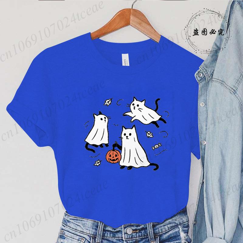 

New Fashion Ghost Cat TShirt Tops Womens Vintage TShirt Funny Spooky Halloween Classic TShirt Tops Womens Tees Streetwear S