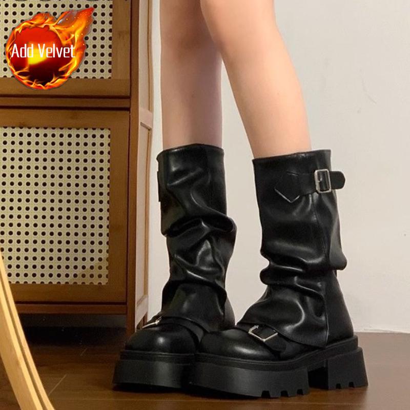 

Модные осенне-зимние кожаные ботильоны на полувысоком каблуке с круглым носком для женщин, тренд 2025, гяру, теплые ботинки на платформе до середины икры, женские 35