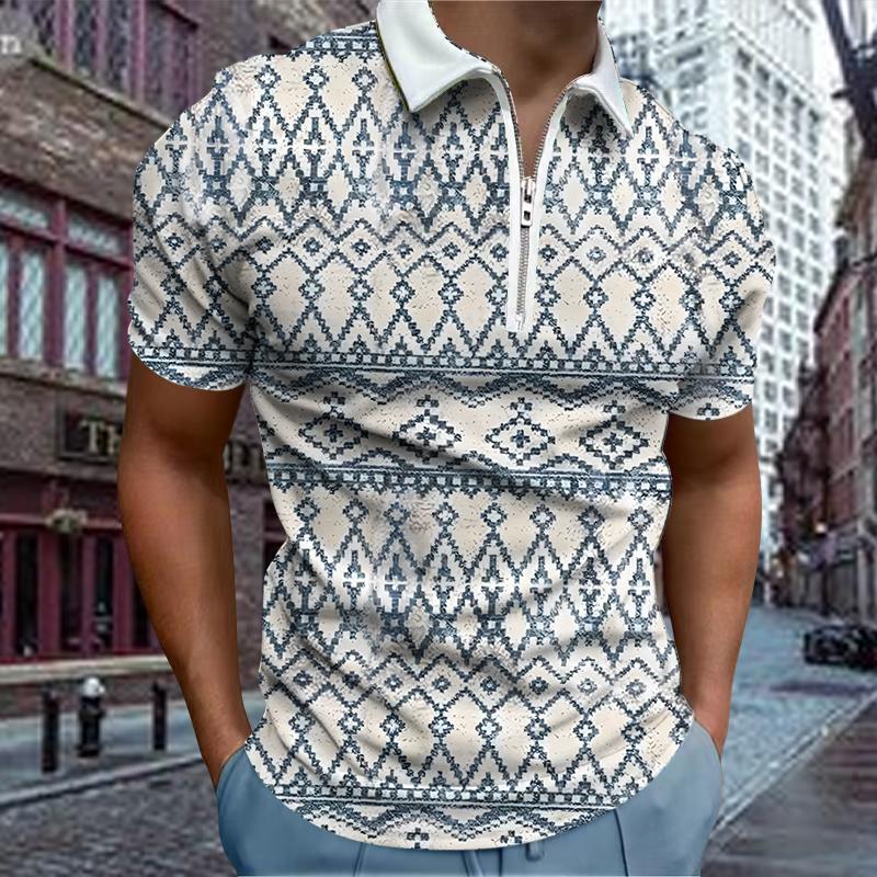 Casual Lapel T-shirt Young Men's Fashion Zipper T-shirt Short Sleeve T-shirt Men's 3D Retro Grid Print T Shirt
