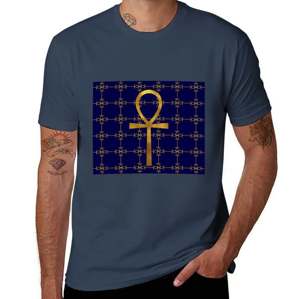 Blue And Gold Egyptian Ankh Key Of Life Mask Tshirt Daily Wear Plain Short Sleeve Shirt